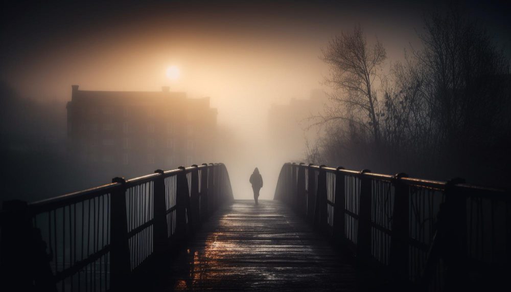 picture of a man in the distance on a bridge walking away into the mist