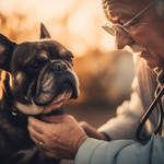 an older veterinarian examining a bull dog